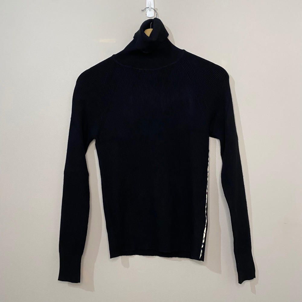 Burberry London Black Ribbed Turtleneck Sweater Nova Check Trim Size M Italy